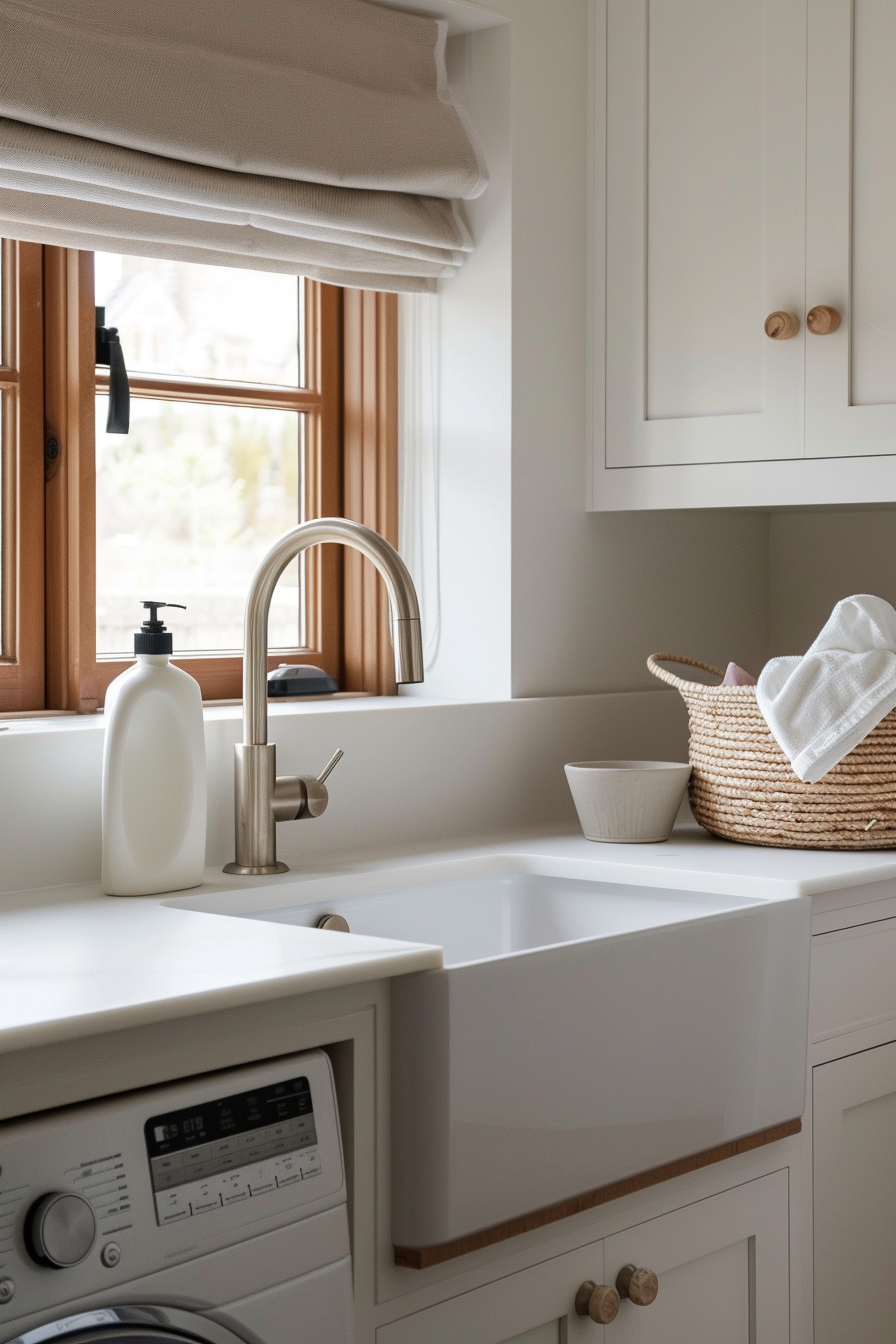 A modern kitchen interior with white farmhouse sink, stainless steel faucet, and a woven basket on the countertop near a window.