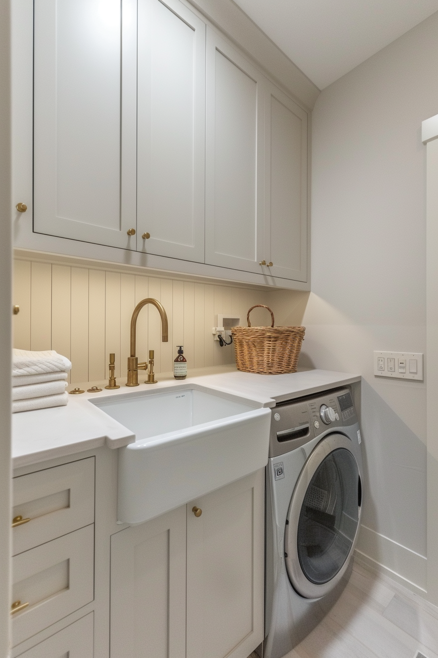 A modern laundry room with white cabinetry, gold handles, a farmhouse sink, and a front-loading washing machine.