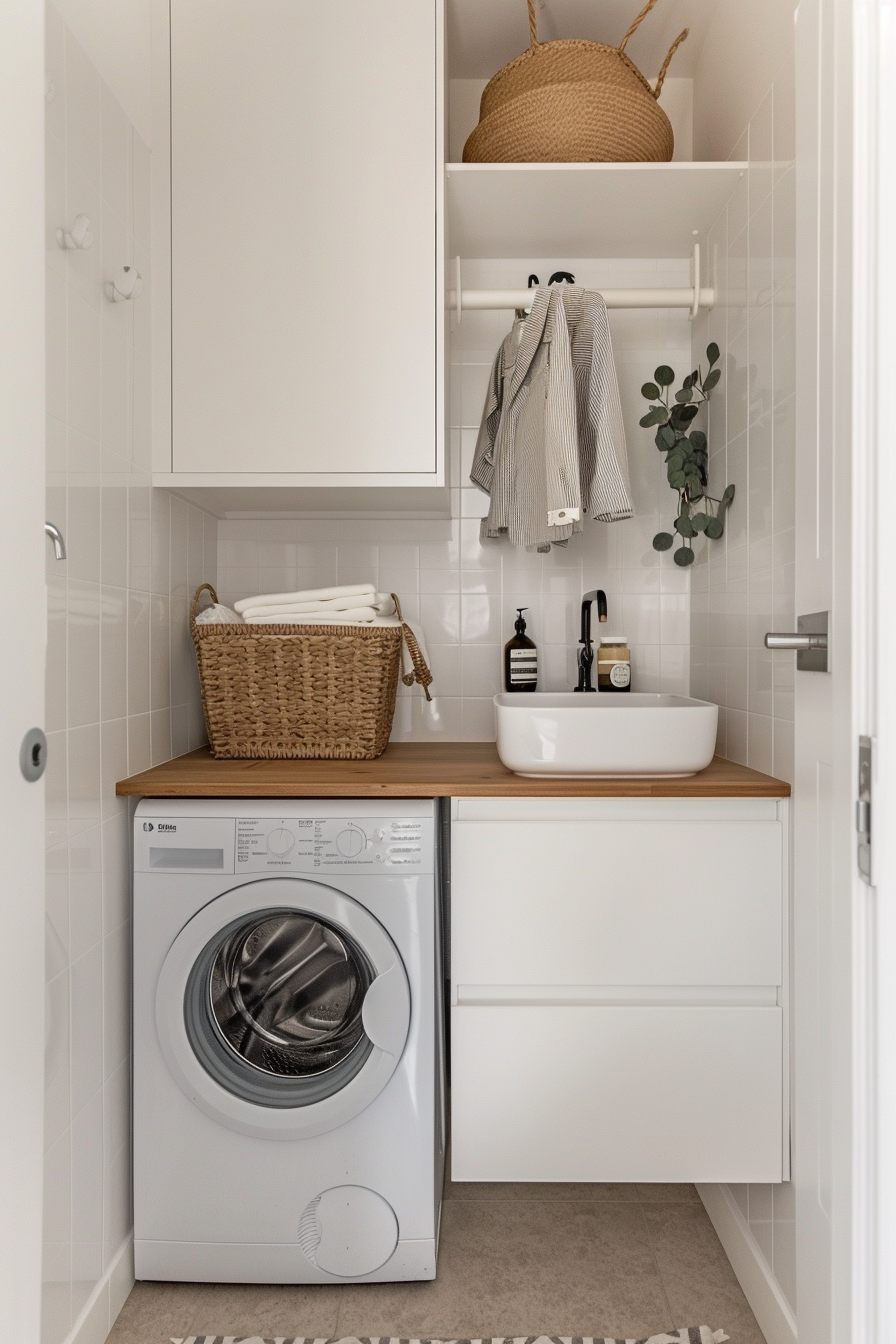 Modern laundry room interior with washing machine, white cabinets, wooden countertop, and woven basket.