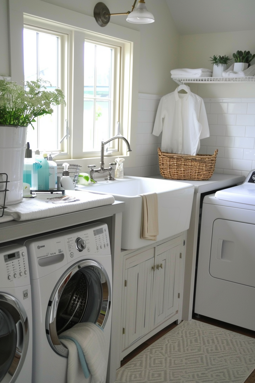 Bright laundry room with white appliances, sink, cabinets, floating shelves with plants, and a wall-mounted light.