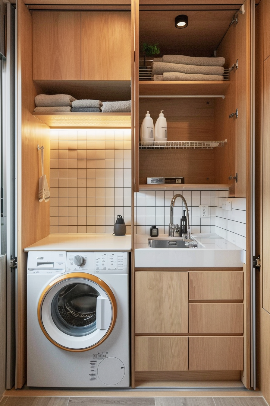 Compact laundry space with modern washing machine, sink, wooden cabinets, towels, and cleaning products.