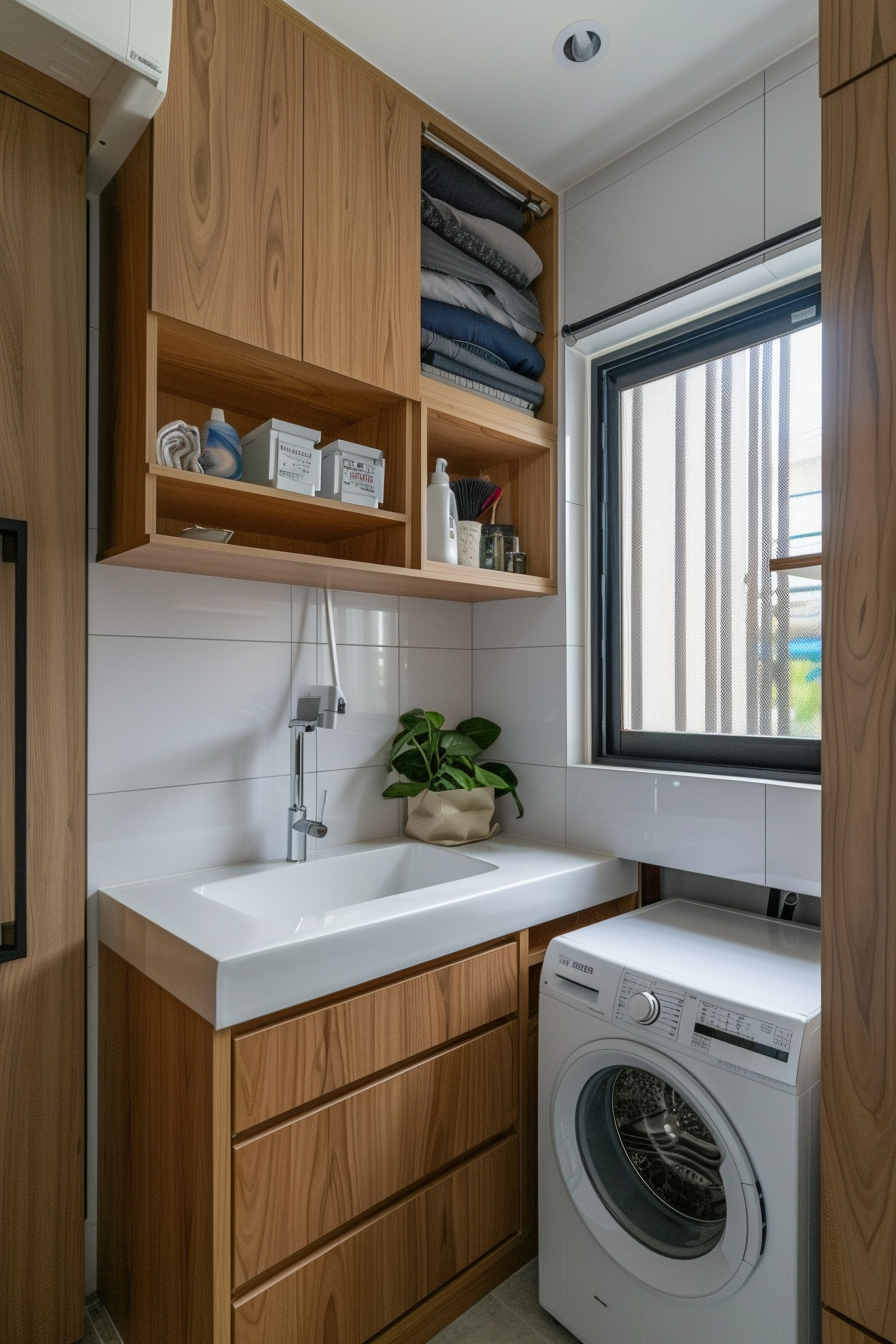 Modern laundry room with wooden cabinets, washing machine, sink, and a plant by the window.