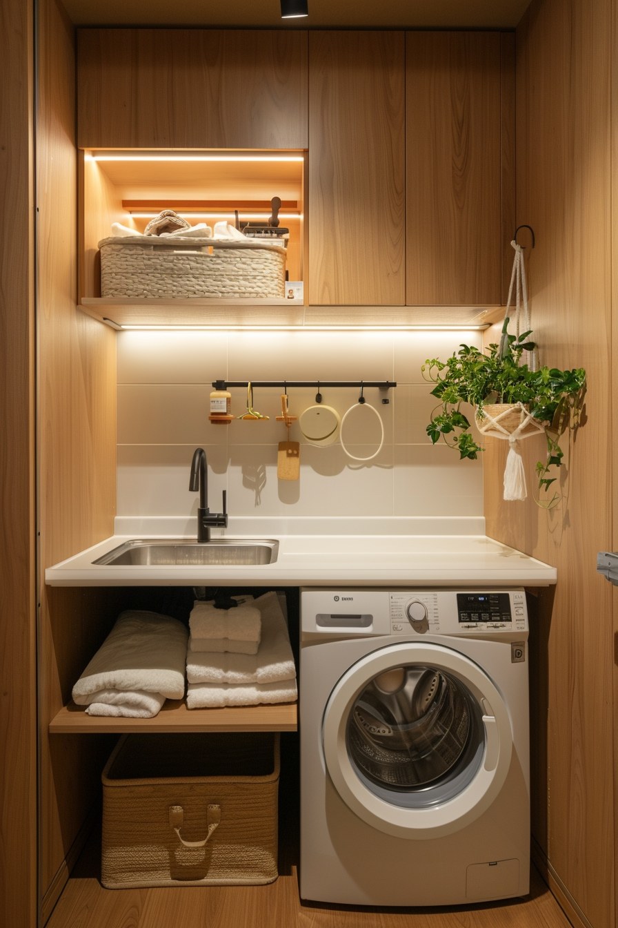 Modern laundry room interior with wood cabinets, shelves with linens, a sink, washing machine, and hanging plant.