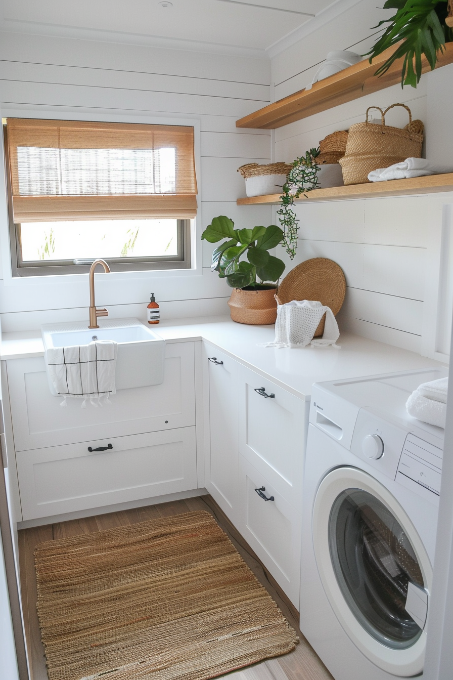 Bright laundry room with white cabinetry, wooden shelves with plants, a washing machine, and a sink with a bronze faucet.