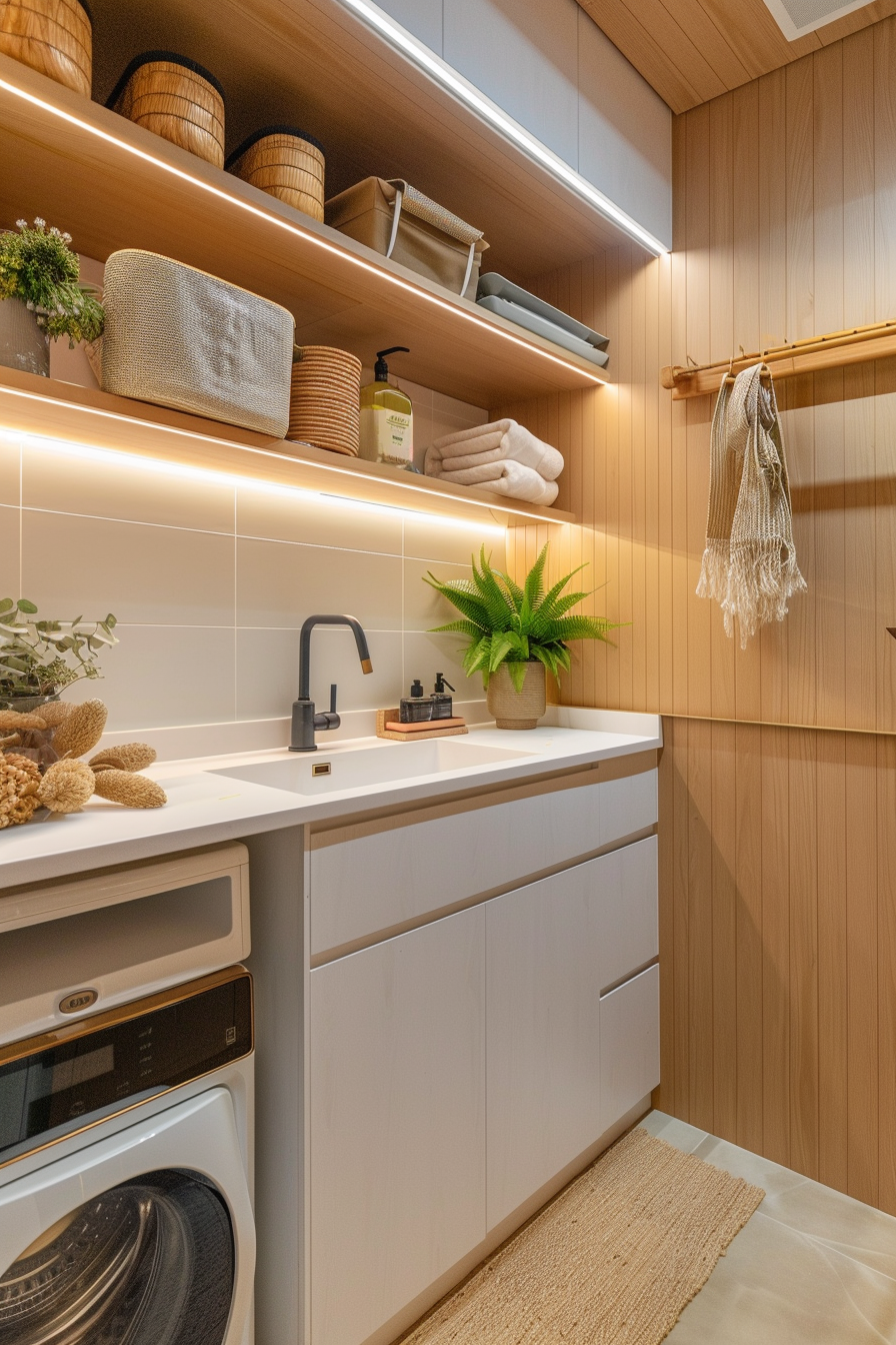 Modern laundry room with wooden shelves, white cabinets, a washing machine, and decorative plants.
