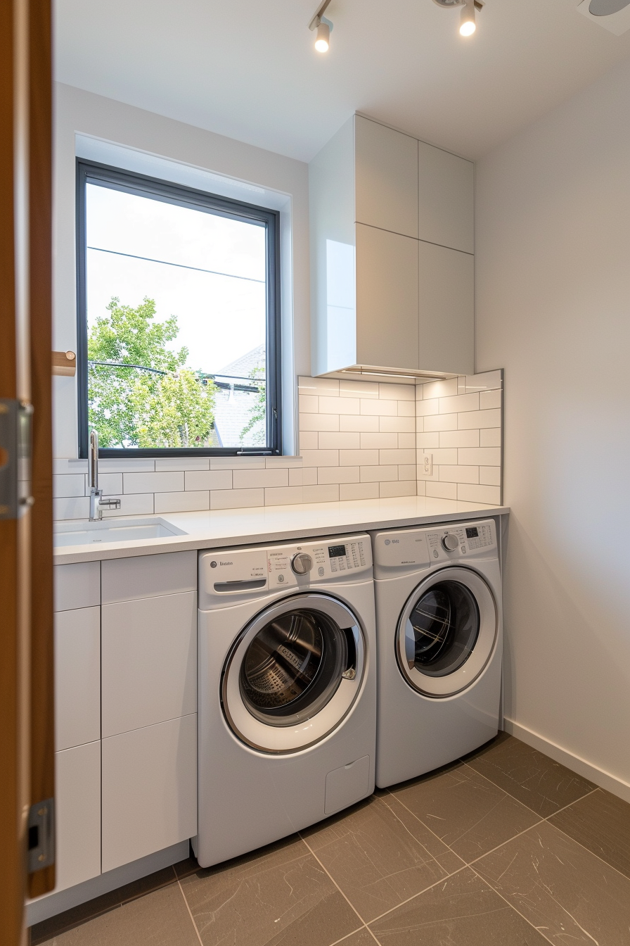 Modern laundry room with white washer and dryer under cabinets next to a window.