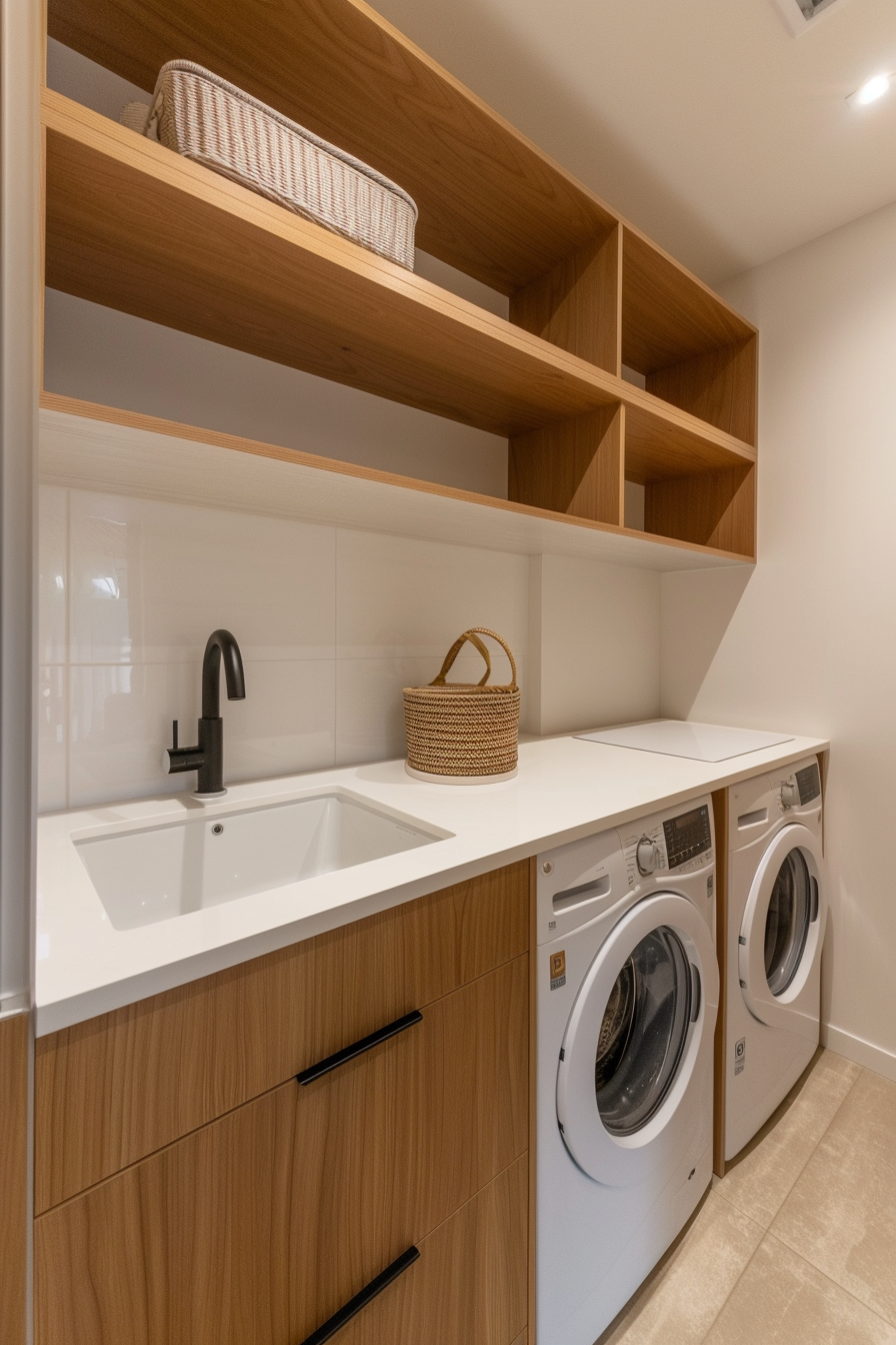 Modern laundry room with wooden shelves, a white sink, and two white front-load washing machines.