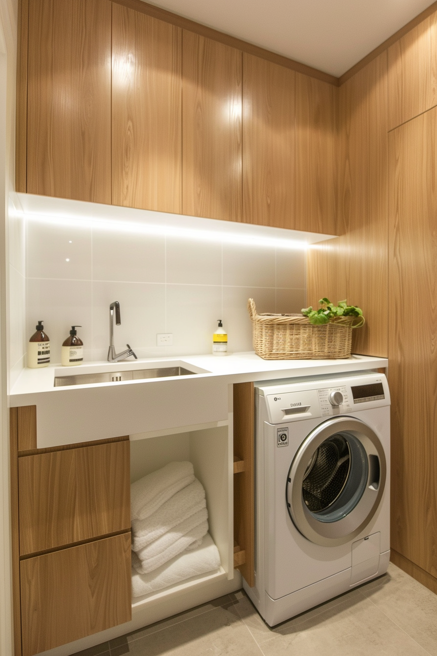 Modern laundry room with wood paneling, white cabinets, built-in sink, washing machine, and a basket with plants.