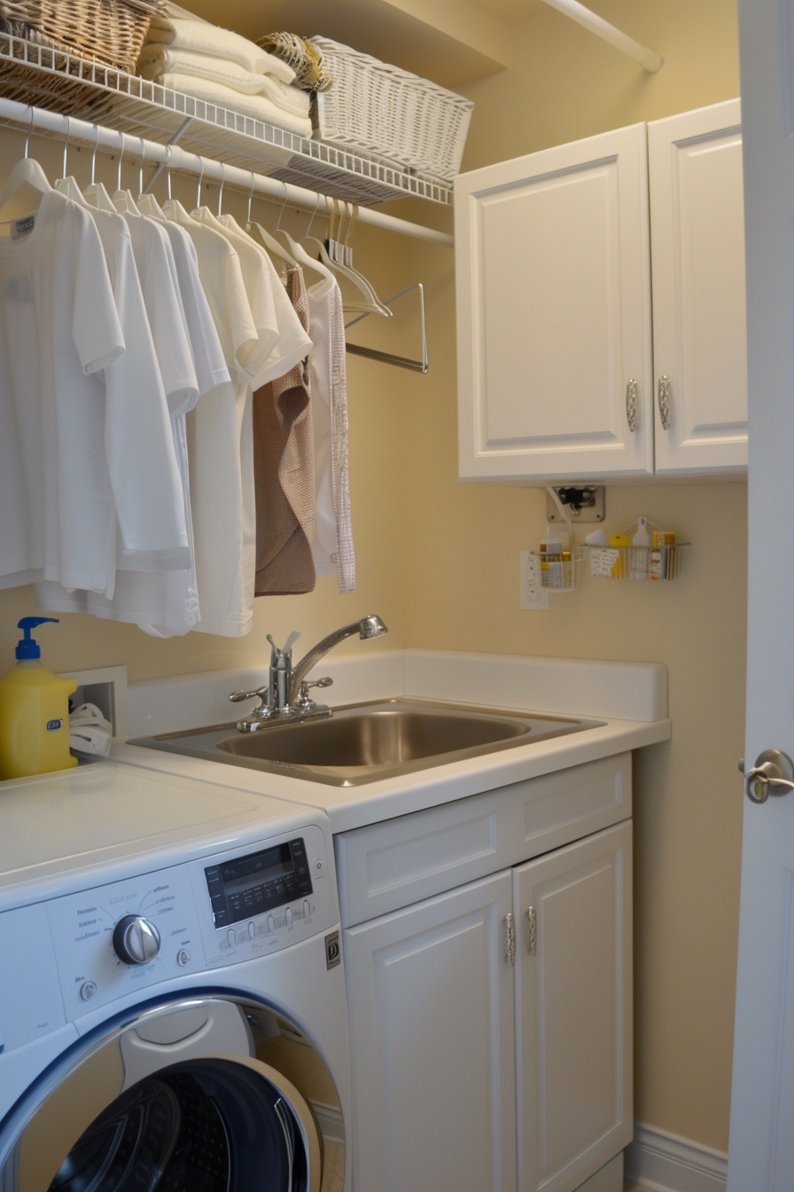 A neat laundry room with a washing machine, sink, and white cabinetry, with clothes hanging above and storage baskets on the shelf.