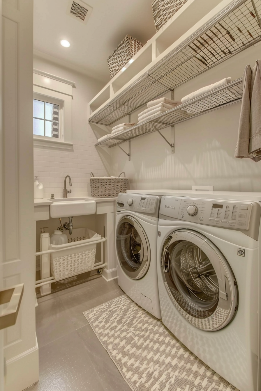 Modern laundry room with washer, dryer, farmhouse sink, open shelving, and a patterned rug on the floor.