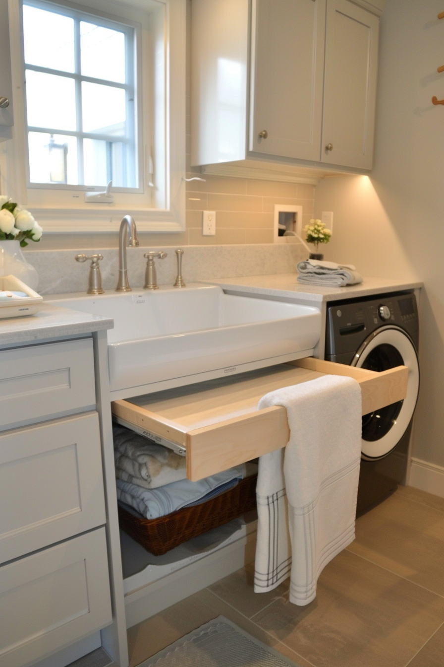 Modern laundry room with open drawer and cabinet, farmhouse sink, towels, and washing machine.