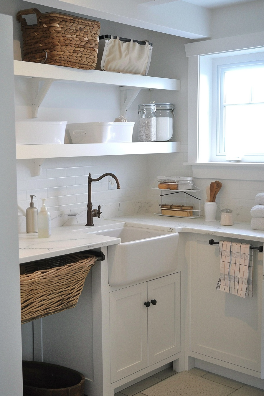 A clean, organized laundry room with white cabinetry, open shelving, and a farmhouse sink near a window.