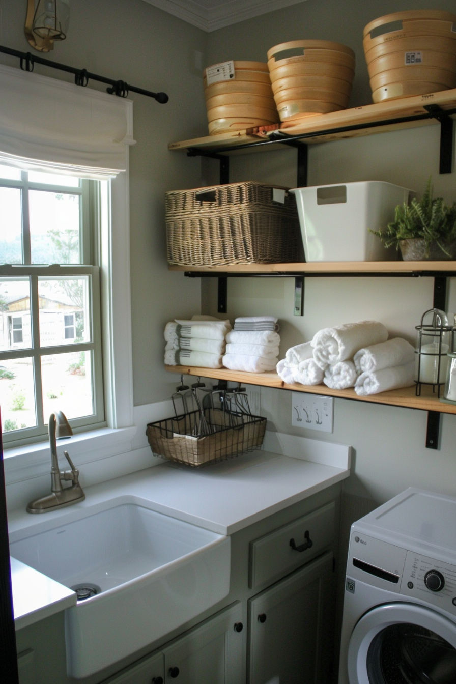 A tidy laundry room with white cabinets, farmhouse sink, washing machine, and shelves with baskets and linens.