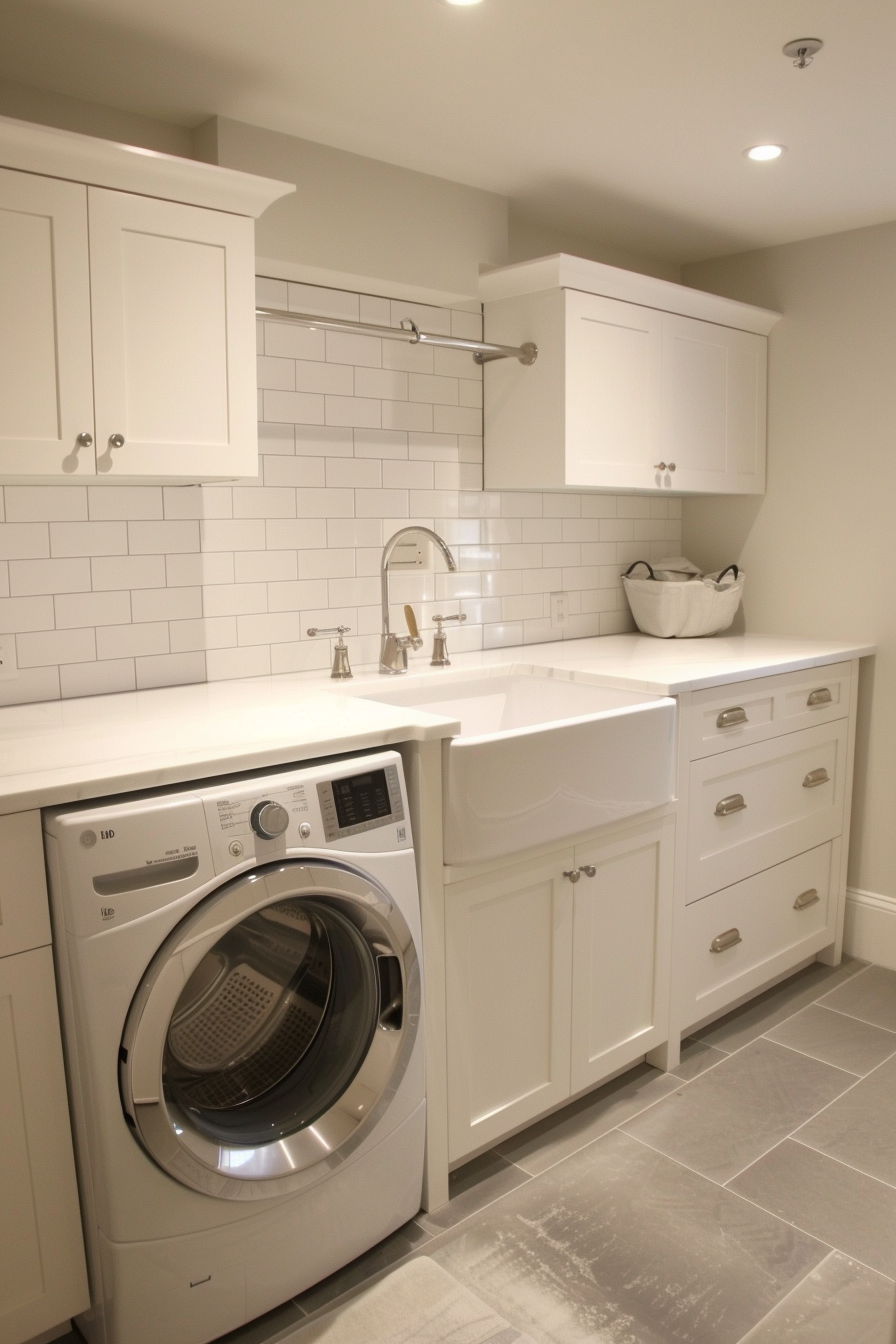 Modern laundry room with white cabinets, front-loading washer, farmhouse sink, and subway tile backsplash.