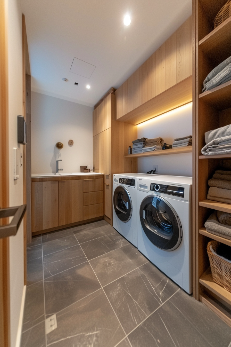 Modern laundry room with wooden cabinets, washing machine, dryer, and neatly stacked towels on shelves.