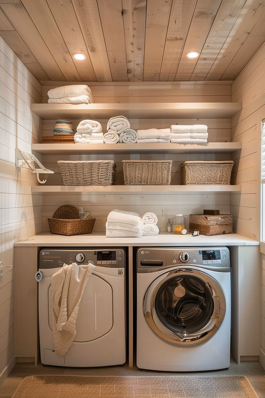 Cozy laundry room interior with washing machine, dryer, neatly folded towels on shelves, and wicker baskets.