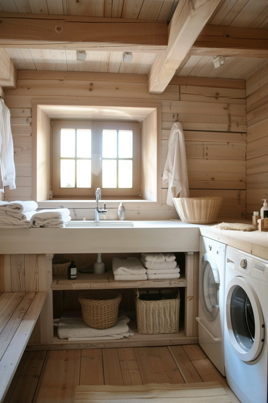 A cozy wooden laundry room with a sink, stacked towels, baskets, and a washing machine by the window.