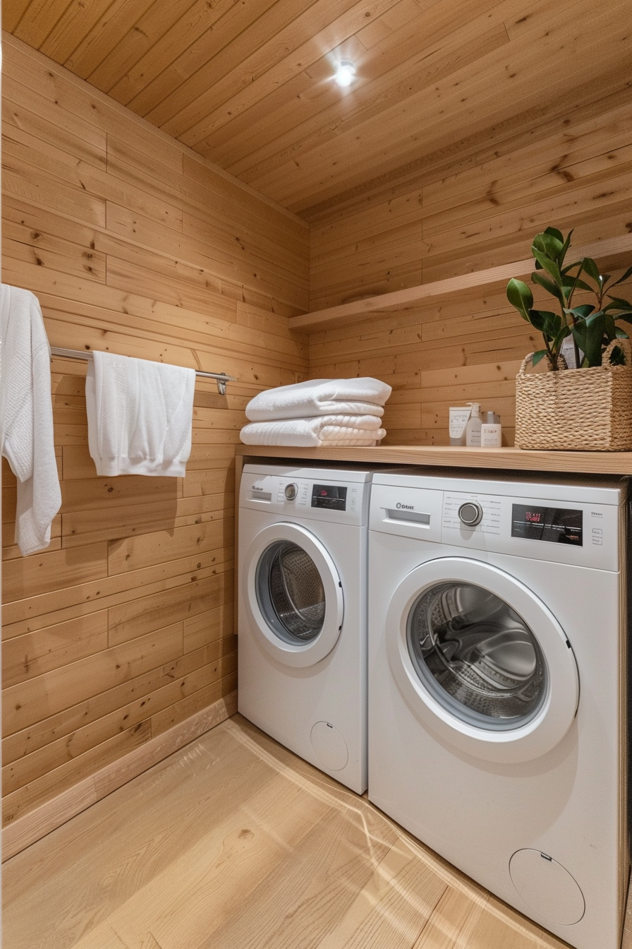 A cozy laundry corner with a stacked washer and dryer in a wooden-paneled room, complete with fresh towels and a potted plant.
