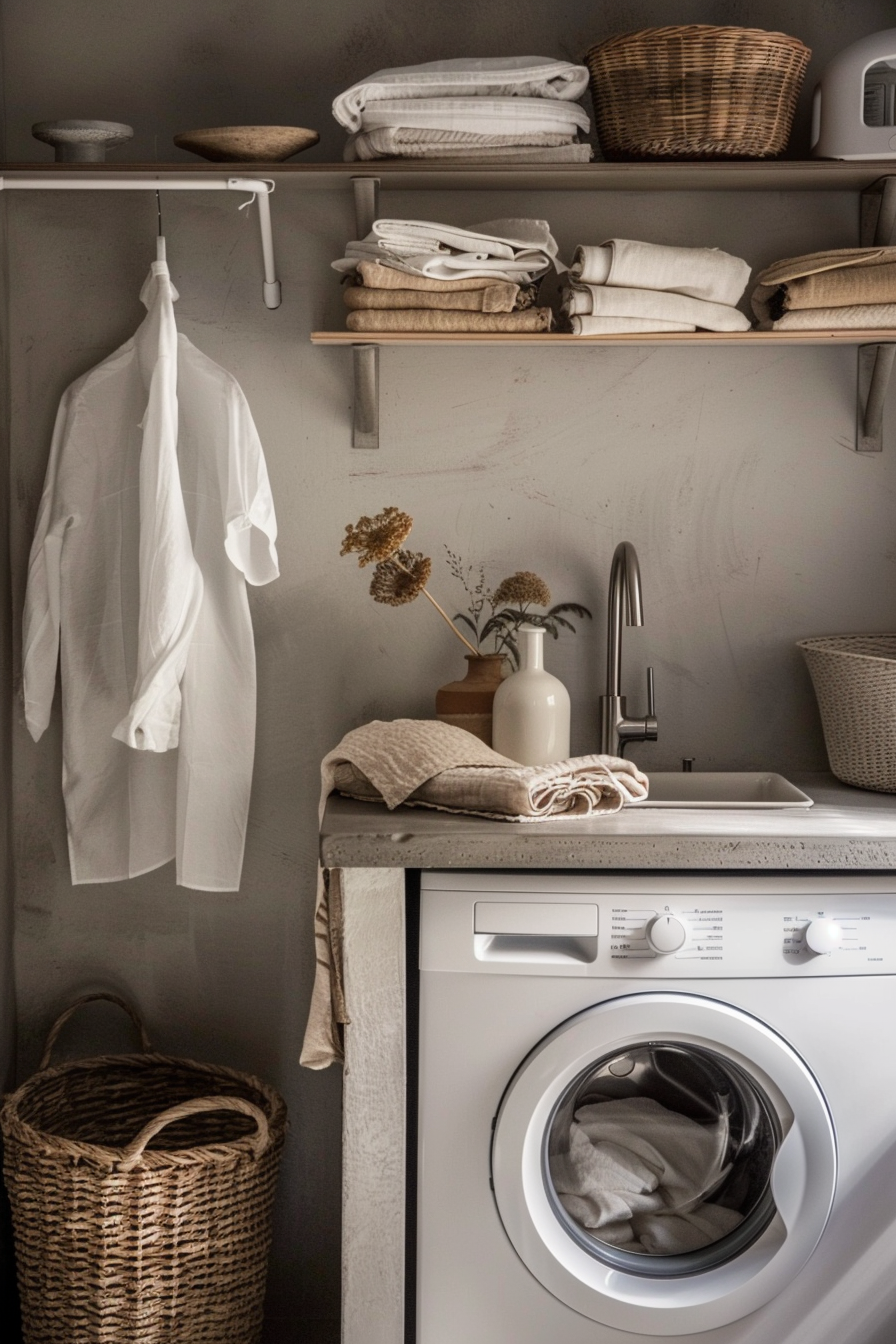 Cozy laundry room with washing machine, floating shelves with linens and wicker baskets, and a hanging white shirt.