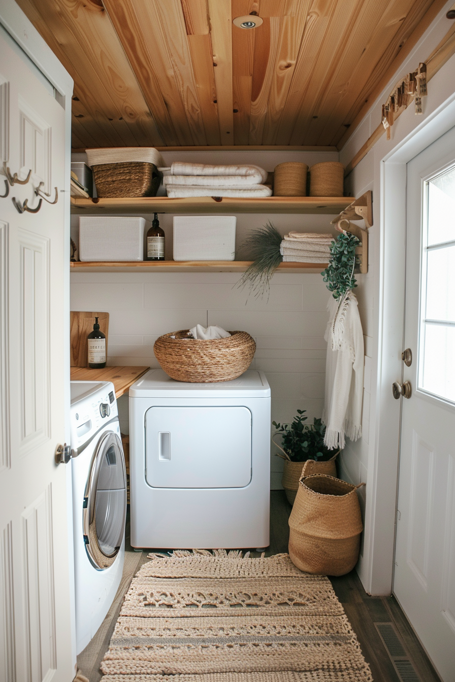 Cozy laundry room with wooden ceiling, white walls, washing machine, dryer, wicker baskets, and green plants.