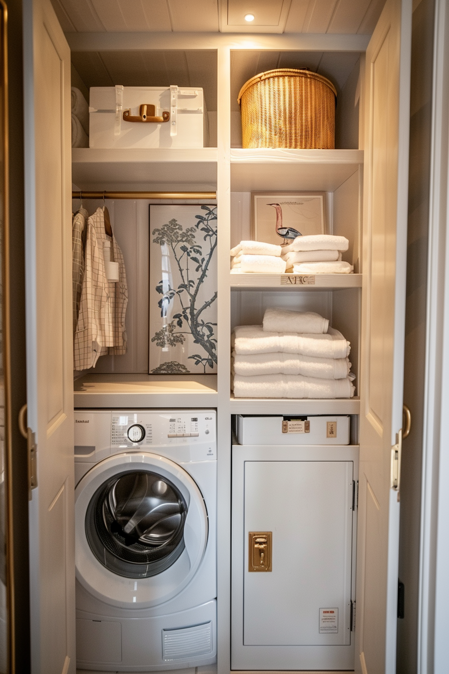A well-organized laundry closet with a washing machine, shelving, towels, safe, and decorative items.