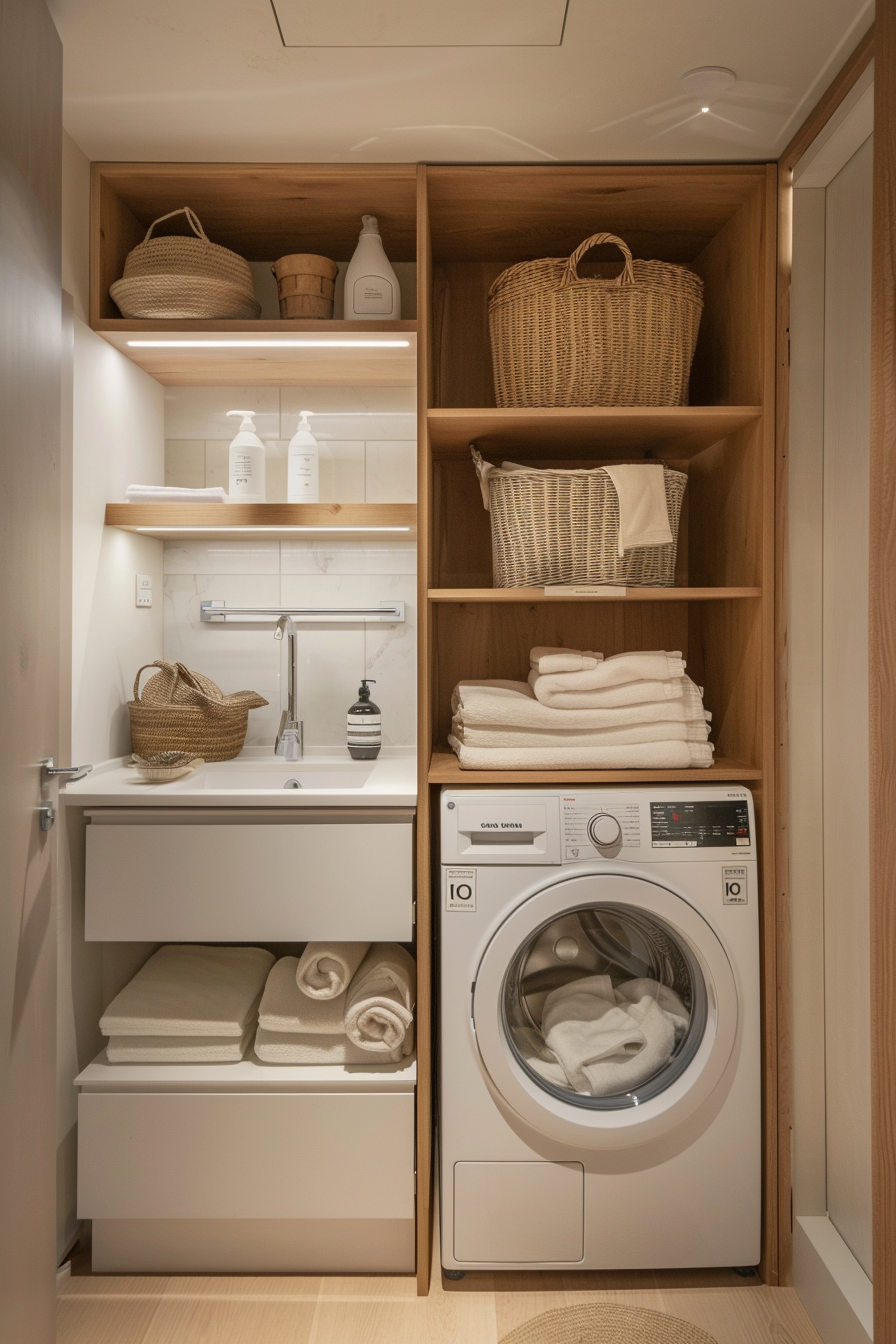A neatly organized laundry room with shelves of towels, baskets, detergent bottles, and a front-loading washing machine.