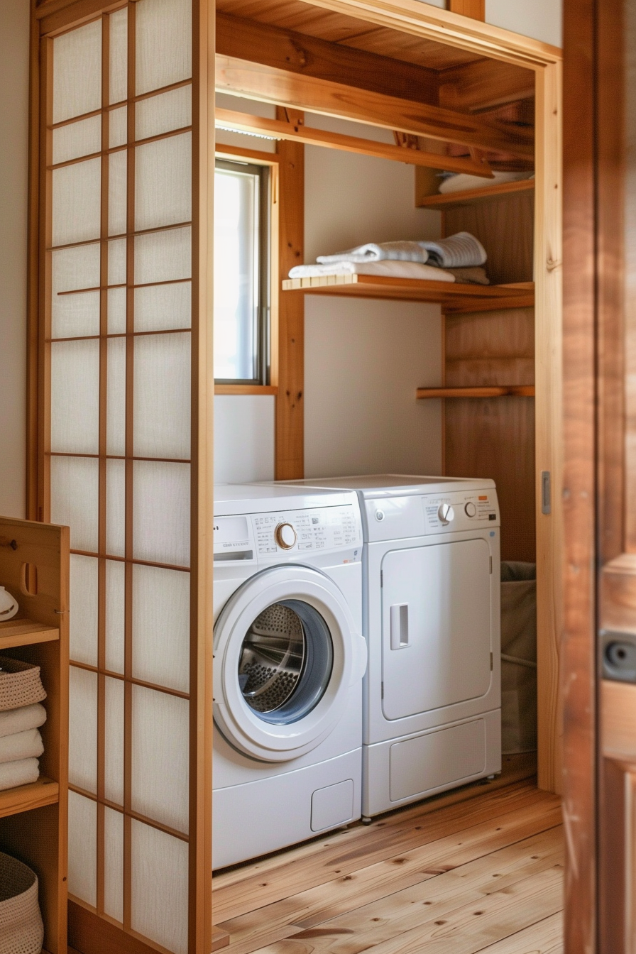 A cozy laundry nook with a sliding shoji door, modern washer and dryer, and wooden shelving with linens.