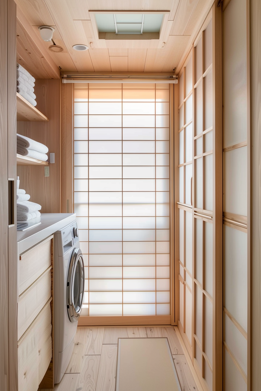 Modern laundry room with wooden finishes, washing machine, shelves with towels, and shoji sliding doors.