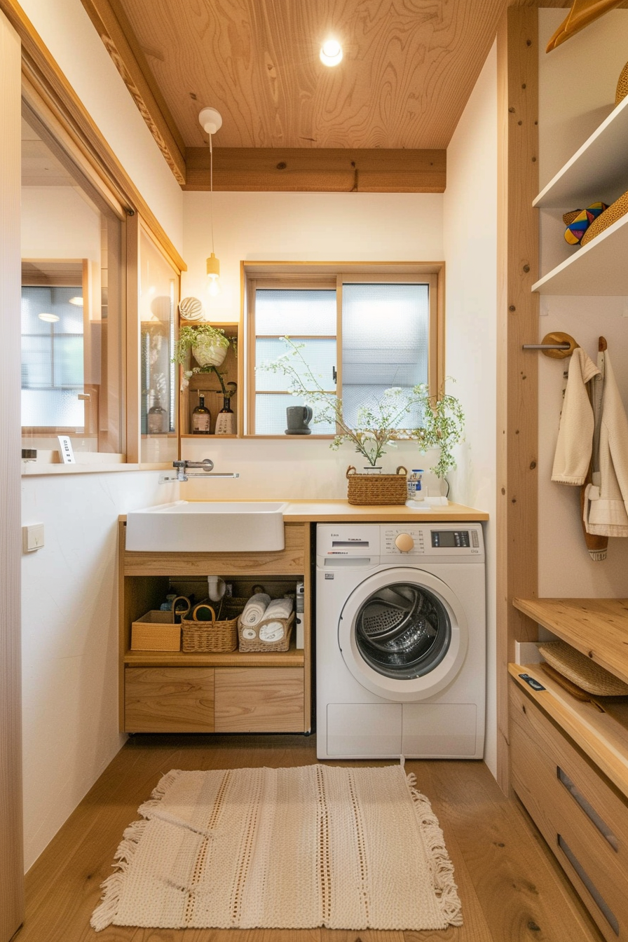 Modern laundry room with wooden cabinets, white farmhouse sink, washing machine, and natural light coming through the window.