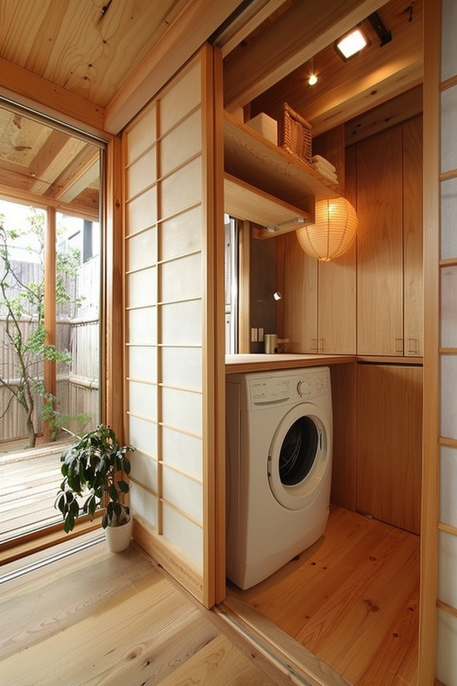 A cozy wooden laundry nook with a front-loading washing machine, a hanging lantern, and a potted plant beside glass doors.