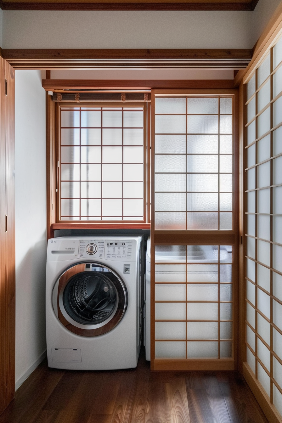 A modern washing machine in a traditional Japanese room with wooden floors and shoji screens.