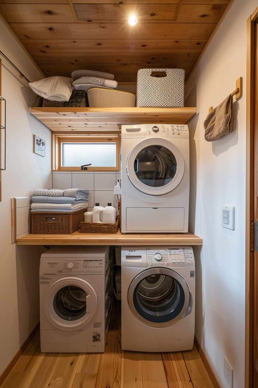 A cozy laundry room featuring a stacked washer and dryer, storage shelves with wicker baskets and towels, and wood-paneled walls and ceiling.