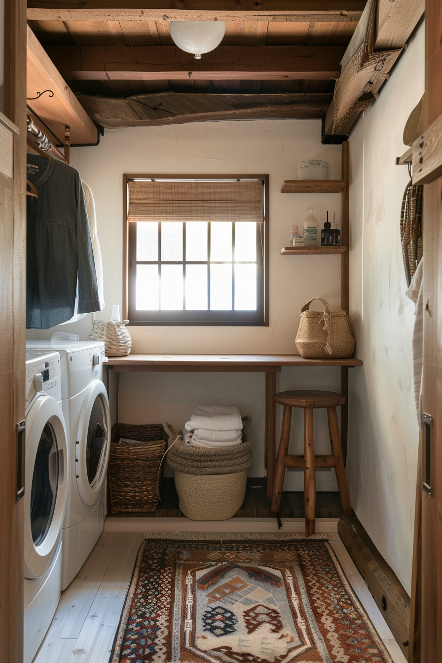 Cozy laundry room with washing machine, wooden countertops, wicker baskets, and a rustic patterned rug under warm lighting.