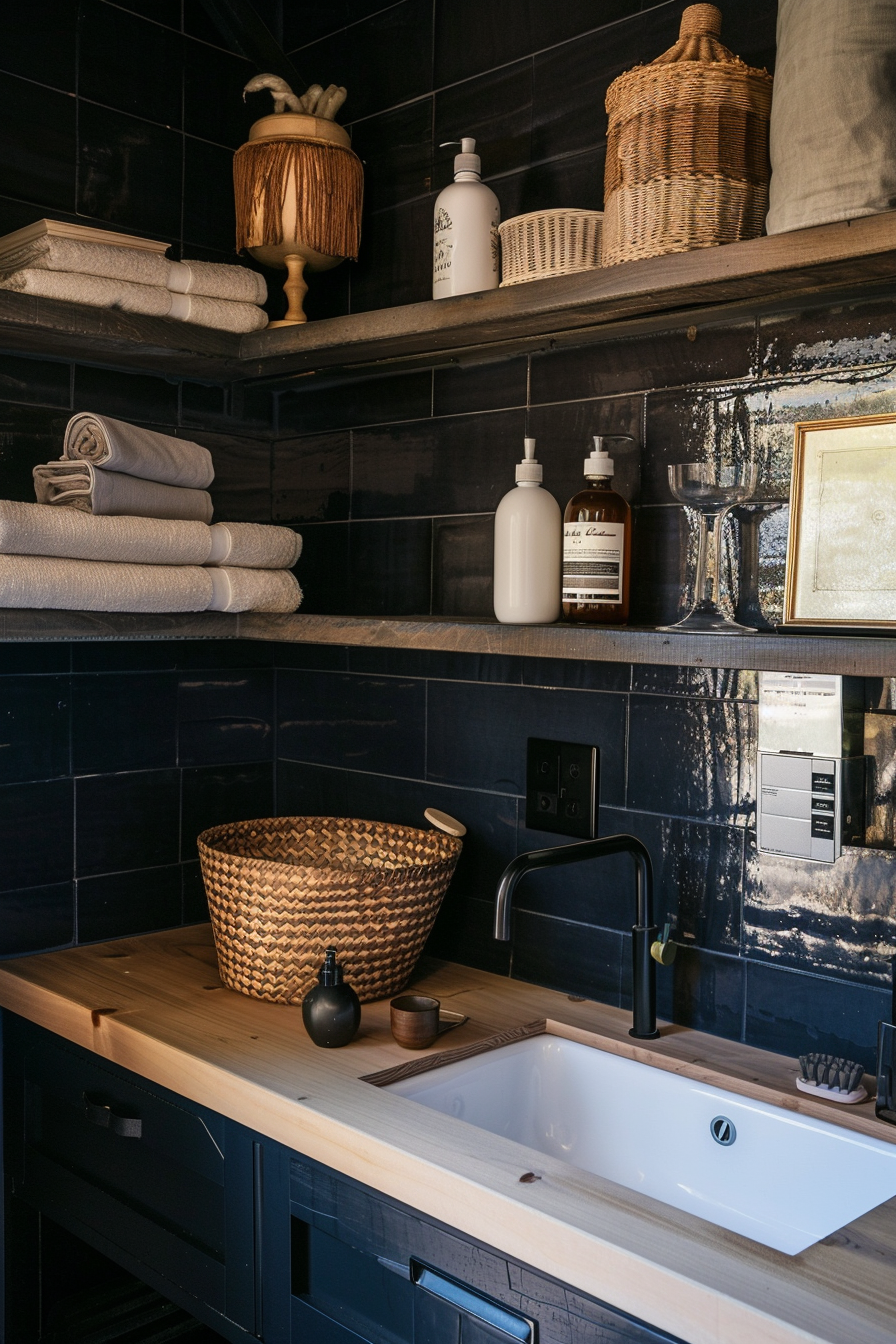 A cozy bathroom corner with black tiles, wooden countertop, basket, and neatly stacked towels on shelves.