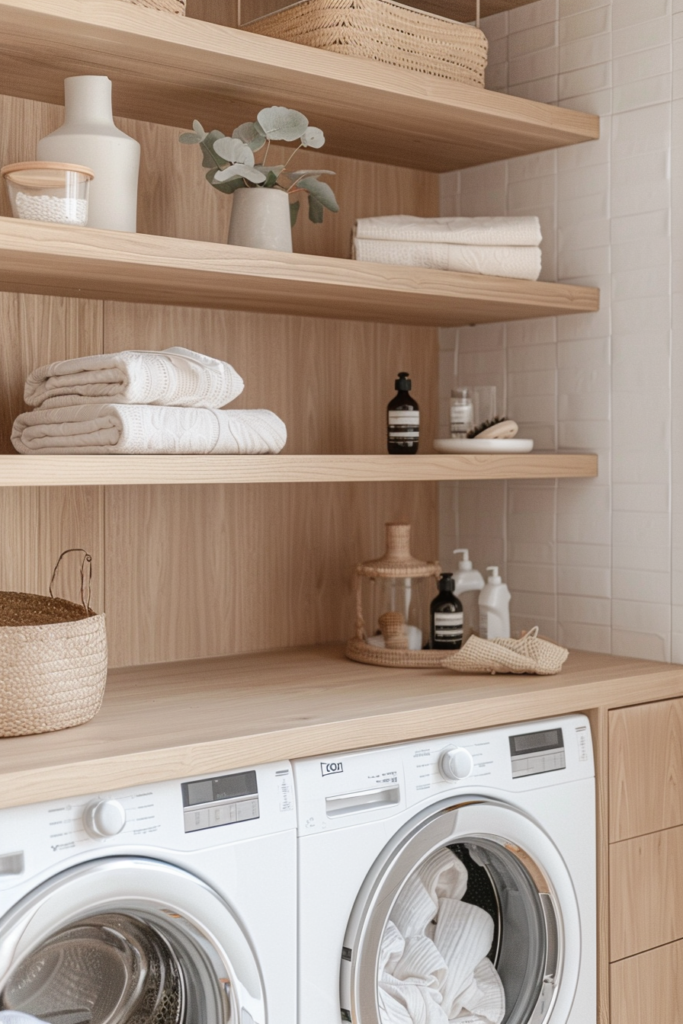 A cozy laundry room with wooden shelves, towels, a plant, and two washing machines.