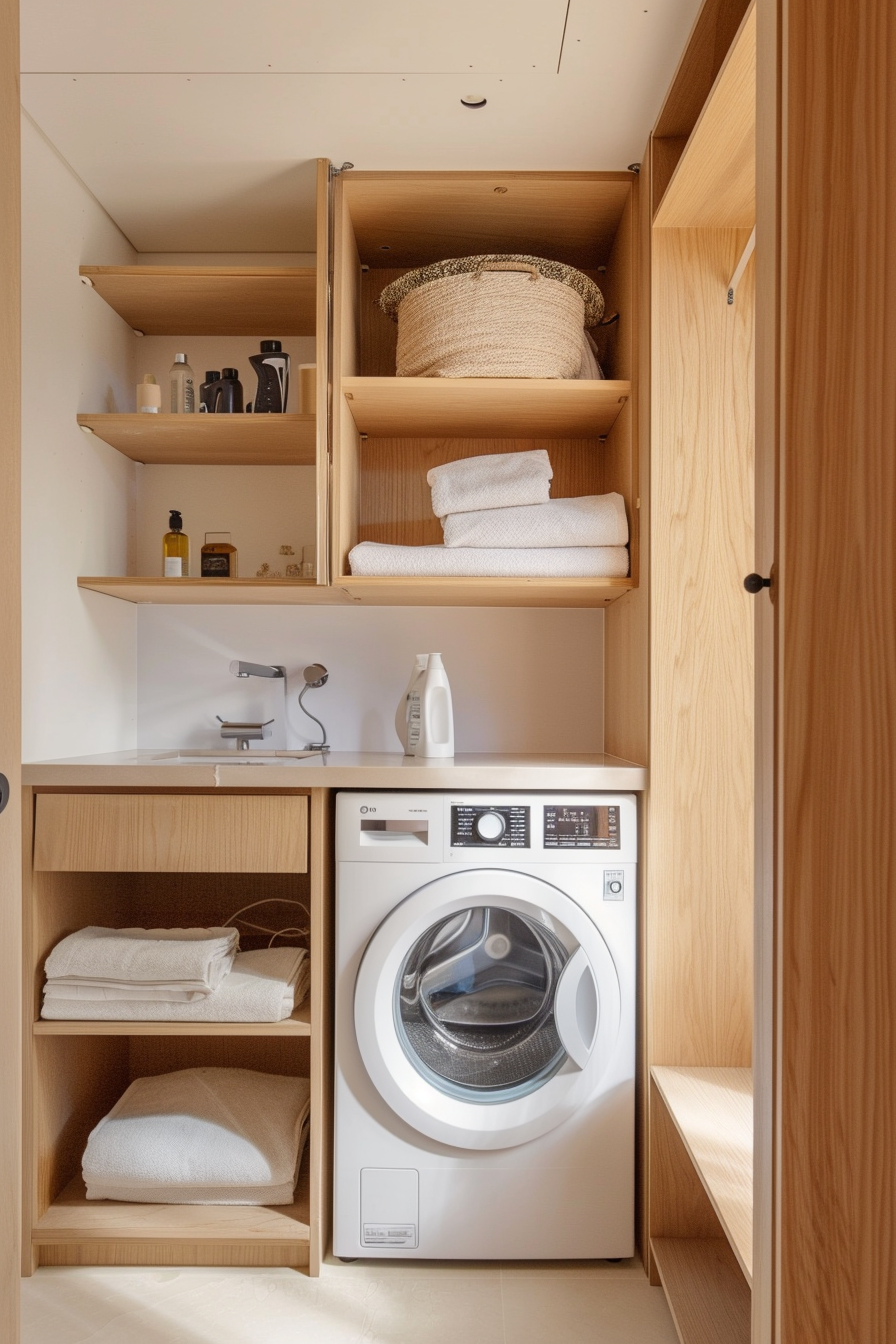 A modern laundry area with a front-loading washing machine and built-in wooden cabinets storing towels and laundry supplies.
