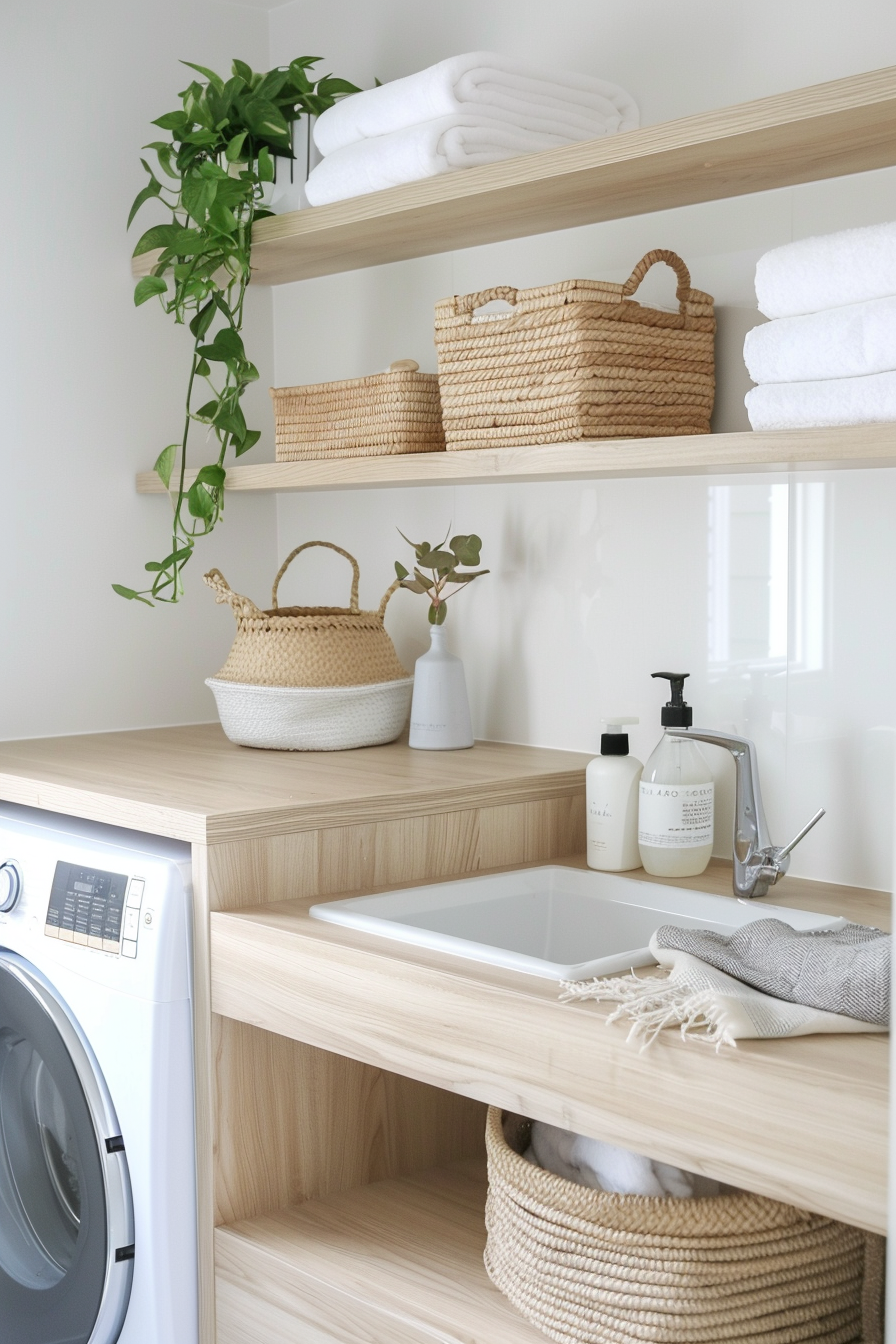 A modern laundry room with wooden shelves, wicker baskets, white towels, a washing machine, and a sink, accented by green plants and bath products.