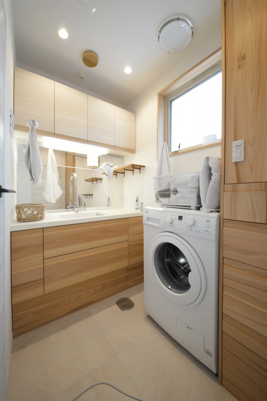 Modern bathroom interior with wooden cabinets, a washing machine, and laundry items on a drying rack.