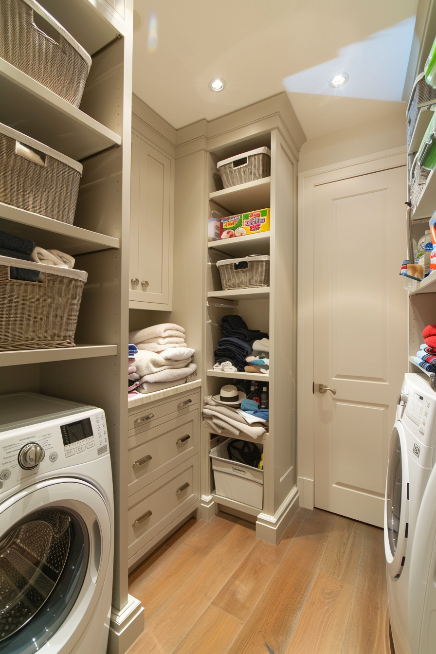 Modern laundry room with washer, dryer, and beige cabinetry filled with linens and storage baskets.