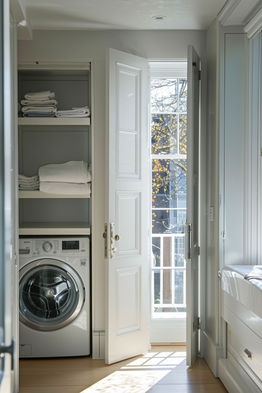 Bright laundry room with a front-loading washer, open shelving with towels, and a view of autumn trees through a window.