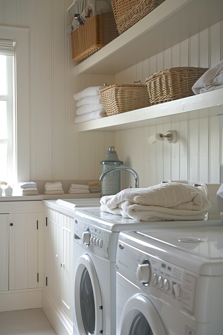 A bright, clean laundry room with white walls, two washing machines, open shelving holding towels and baskets.