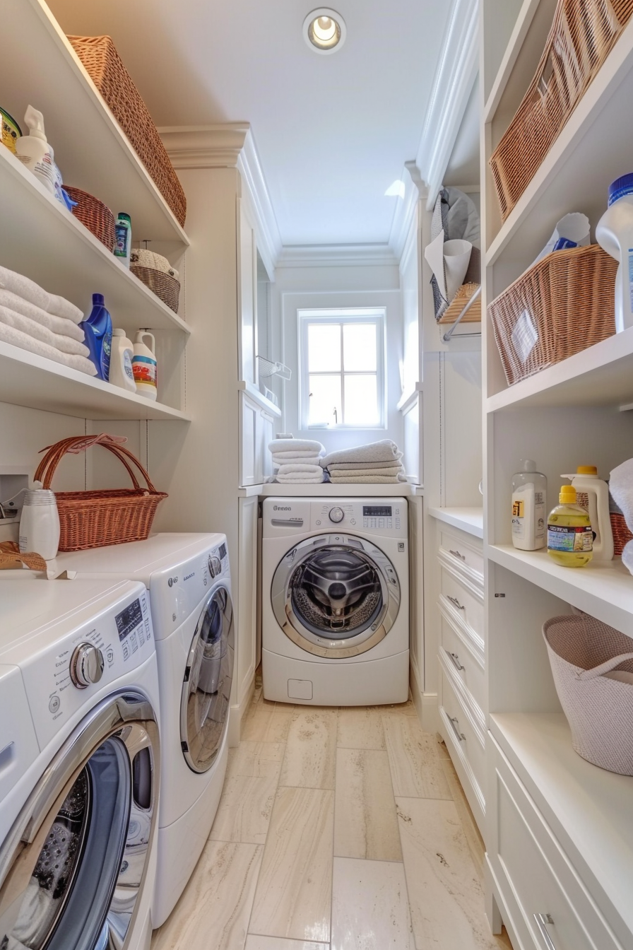 Bright laundry room with white washer and dryer, shelves with towels and cleaning supplies, and a window.
