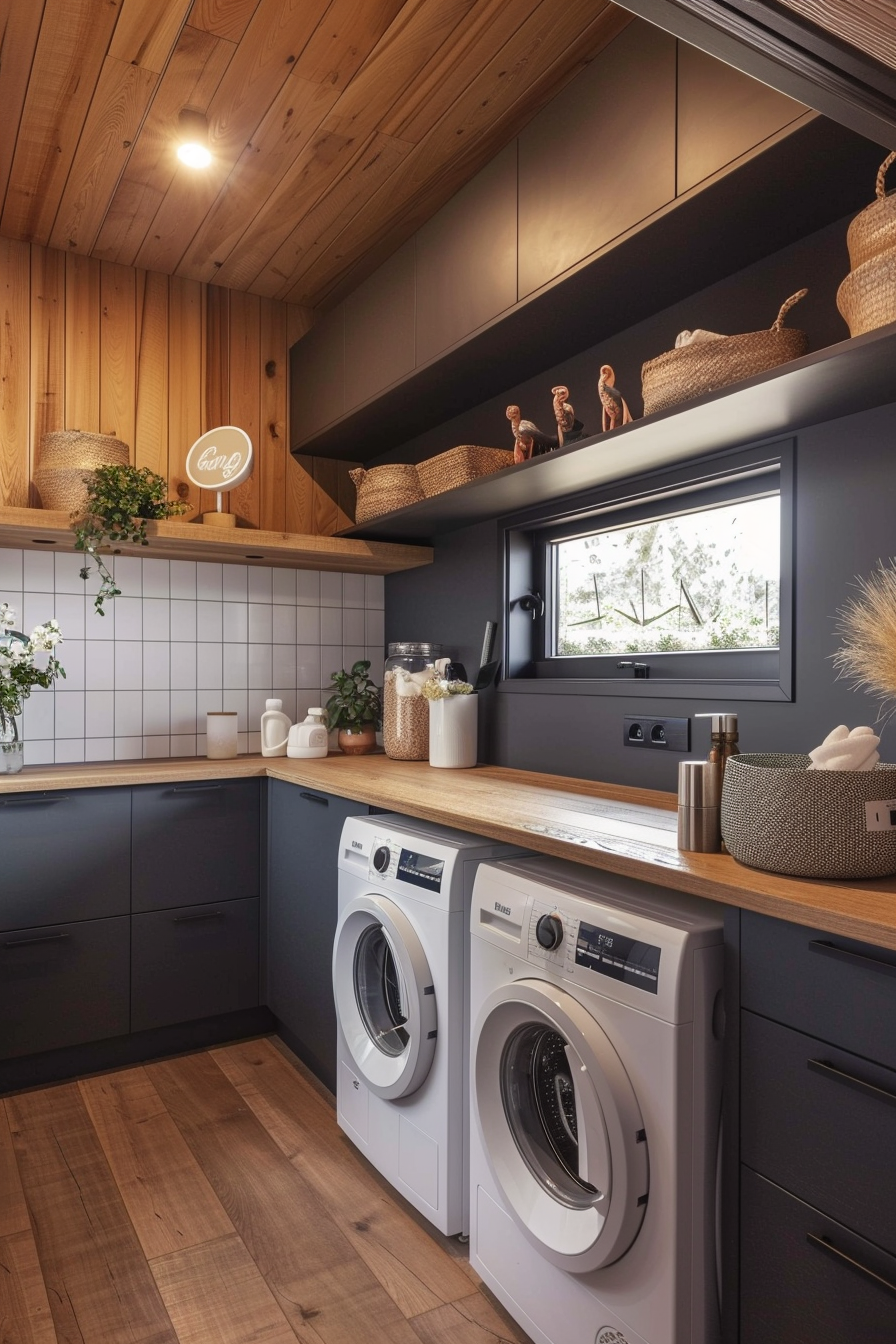 Modern laundry room with sleek dark cabinets, wooden countertop, and matching washer and dryer under a window.