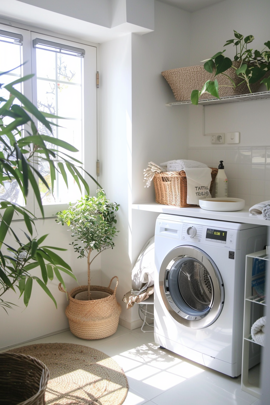 A bright laundry room with a washing machine, baskets, plant, and natural light streaming through a window.