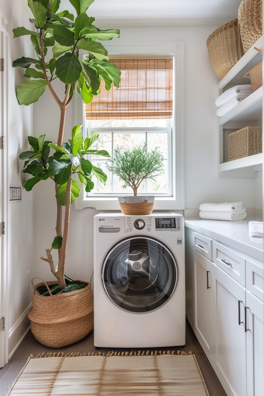 A bright laundry room with a front-loading washer, white cabinets, woven baskets, and a potted tree by the window.