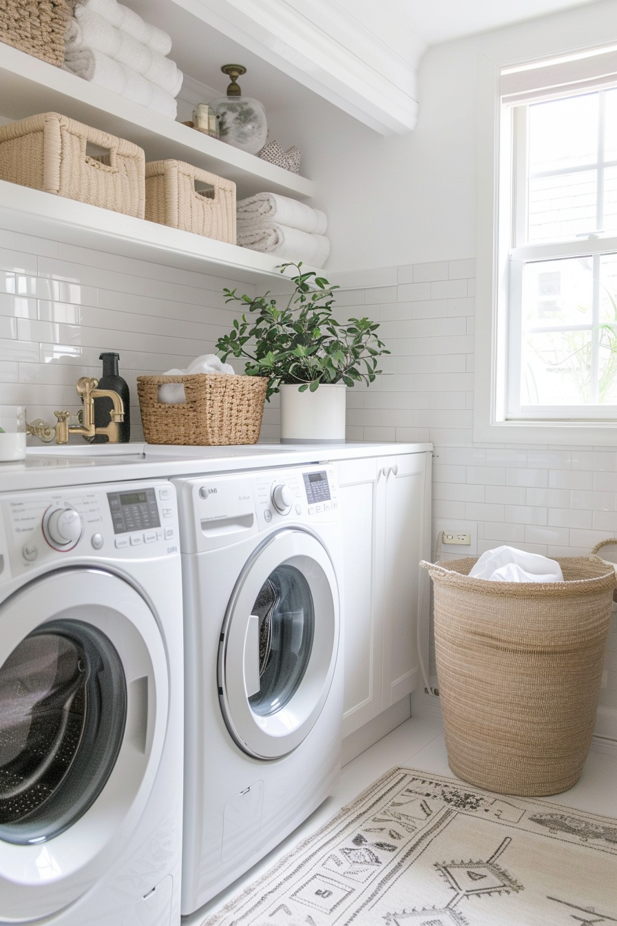 Bright laundry room with white appliances, shelves with towels and baskets, and a plant beside a window.