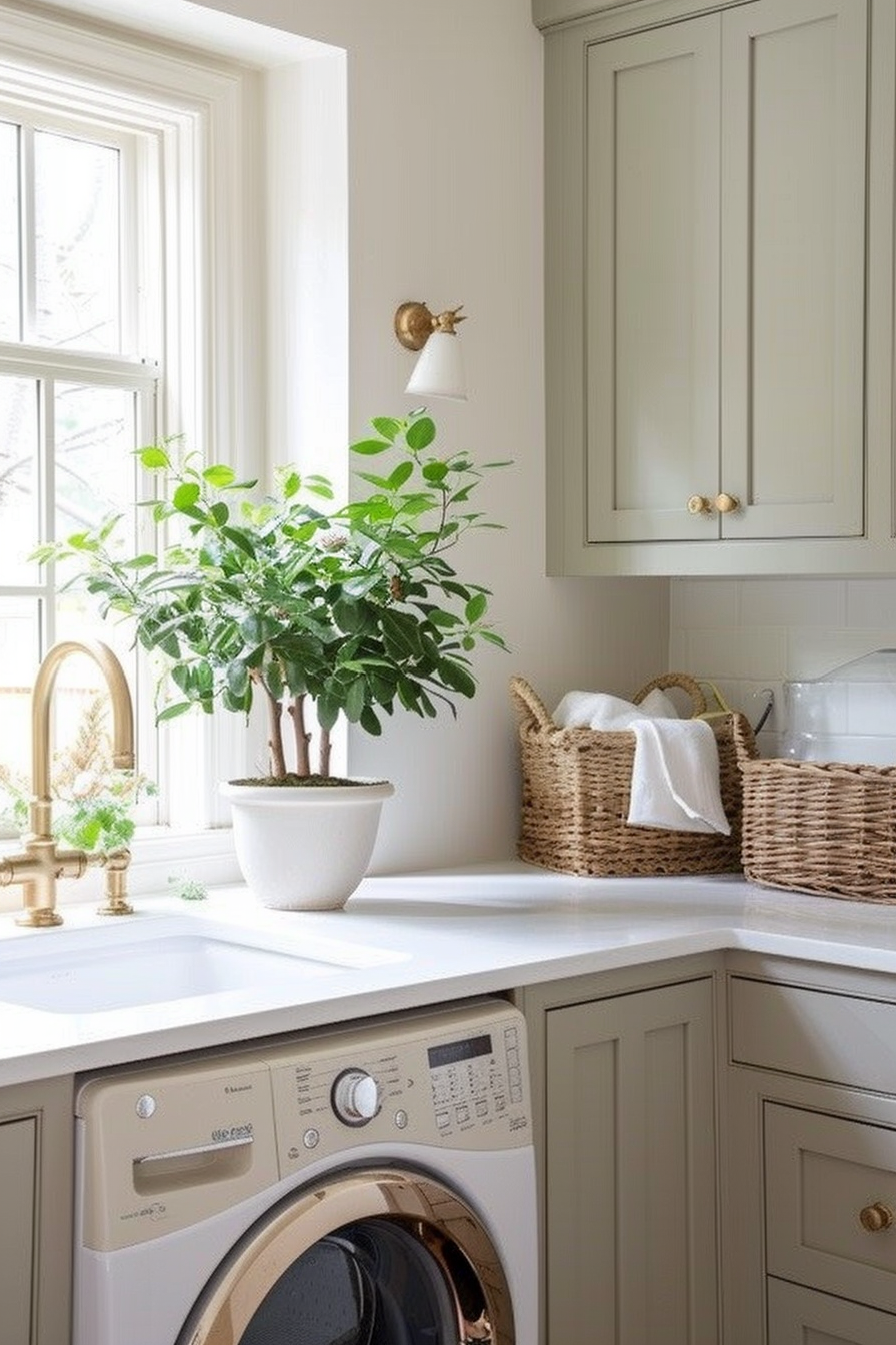 Bright laundry room with a potted plant on the counter, washing machine, wicker baskets, and gold-colored fixtures.