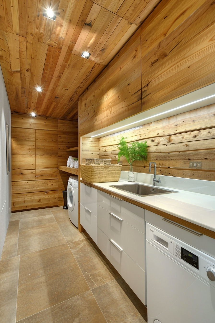 Modern laundry room with wooden walls, white cabinets, built-in sink, washing machine, and recessed lighting.
