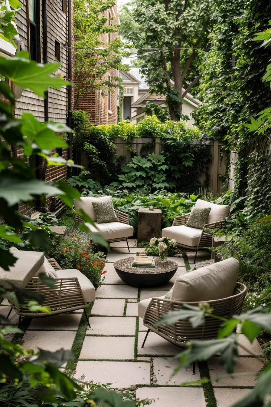 An inviting garden patio with modern furniture and lush greenery, surrounded by wooden fences overgrown with vines.