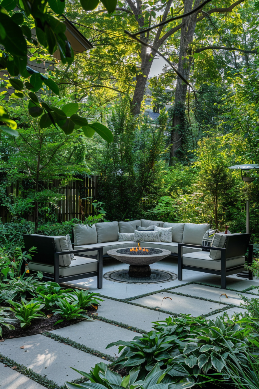A cozy outdoor seating area with a sectional sofa and fire pit surrounded by lush greenery and tall trees.